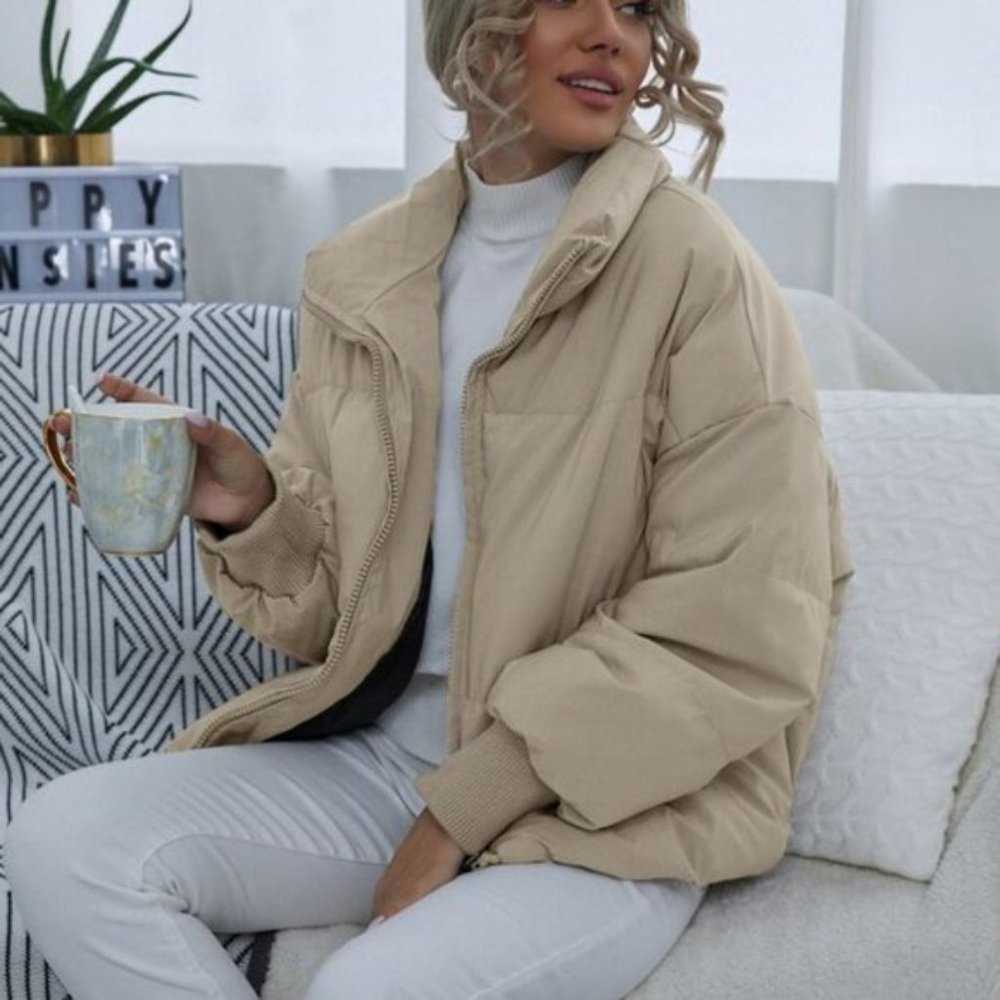 Contemporary Puffer Coat - light tan khaki - Picture 3 of 6